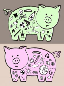 Two piggybanks, one filled with symbols of war, one with symbols of goodness